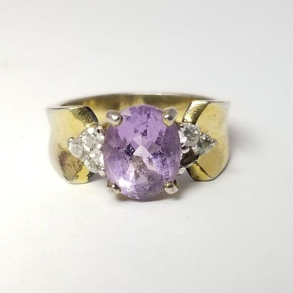 Vintage Sterling Silver Purple Rhinestone Gold Overlay Ring, Size 7, Estate - Picture 10 of 10